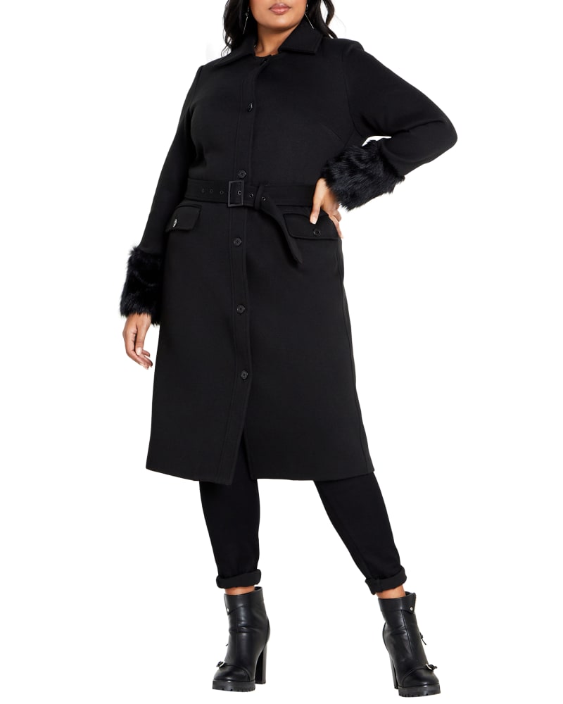 Front of a model wearing a size S COAT PENELOPE in Black by City Chic. | dia_product_style_image_id:317841
